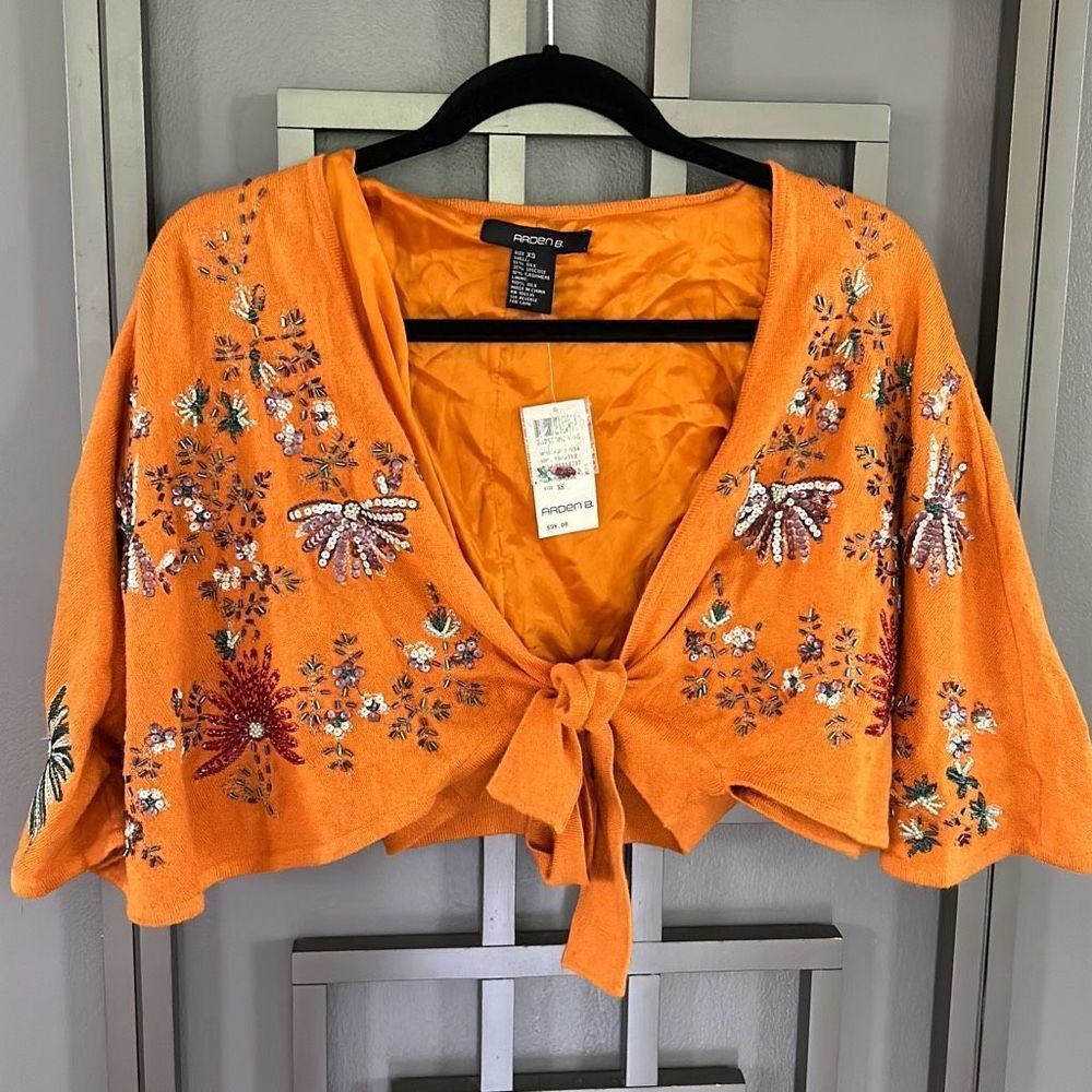 Arden B Orange Floral Embroidered Sweater